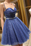 Glitter Sweetheart Blue Short Prom Homecoming Dresses With Beading