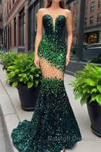 V-Neck Sequins Prom Dress Mermaid Sleeveless Crystal.