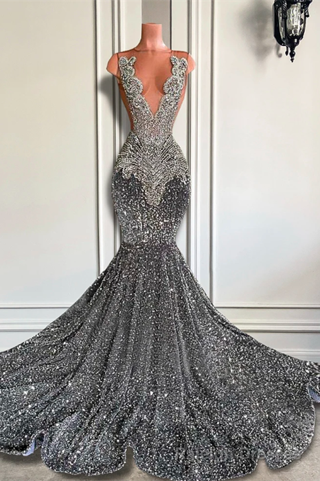 Gray Mermaid Sequins Prom Dress Sleeveless Long With Crystals Main image