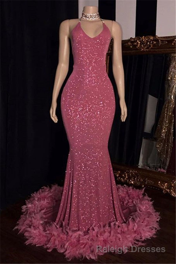 2025 Charming Mermaid Prom Dresses, Hot Pink Sequence With Feathers Halter Backless Main image