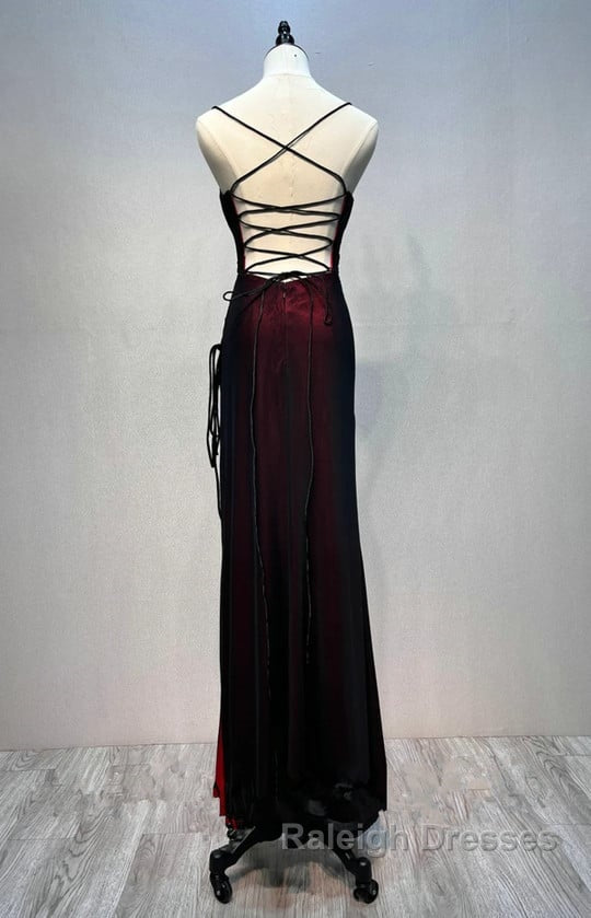 Black And Red Mermaid Straps Long Prom Dresseses Long With Leg Slit