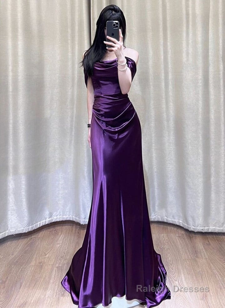 Purple Satin Off Shoulder Long Prom Dress, Purple Satin Prom Dress