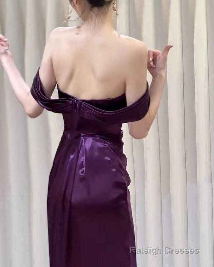 Purple Satin Off Shoulder Long Prom Dress, Purple Satin Prom Dress