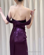 Purple Satin Off Shoulder Long Prom Dress, Purple Satin Prom Dress