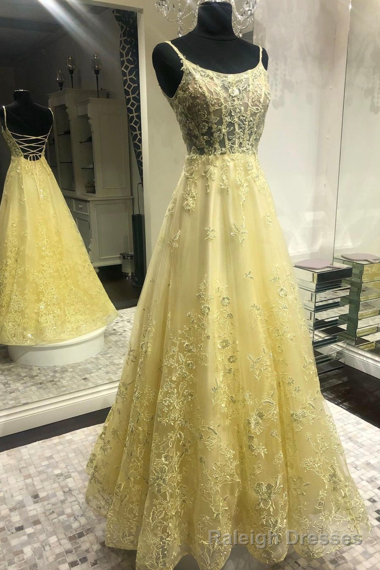 Yellow Lace Long Prom Dresses, Yellow Spaghetti Straps Graduation Dresses Main image