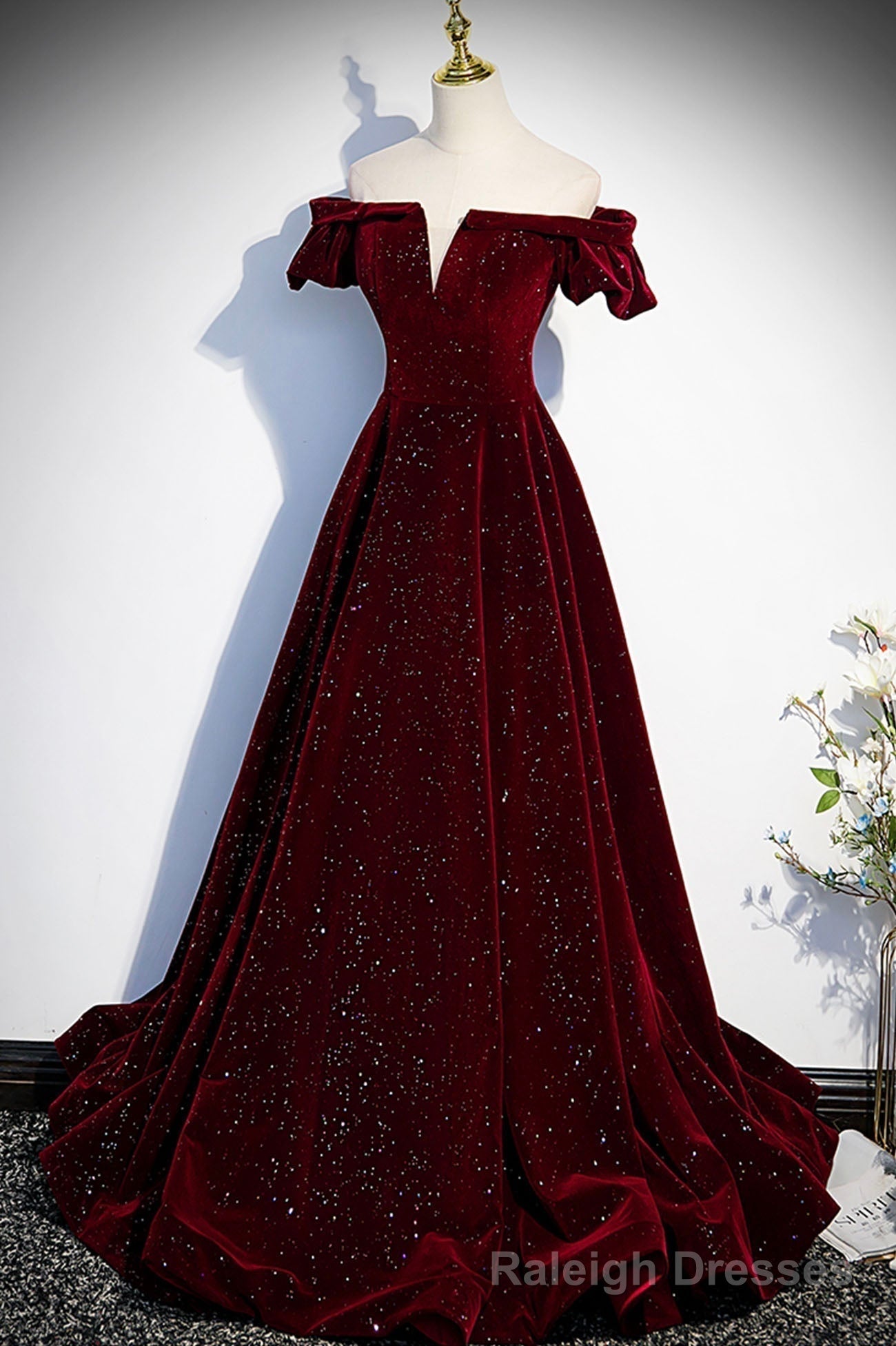 Burgundy Velvet Long Prom Dresses, Off the Shoulder Formal Evening Dresses Main image