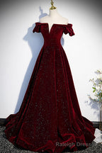 Burgundy Velvet Long Prom Dresses, Off the Shoulder Formal Evening Dresses