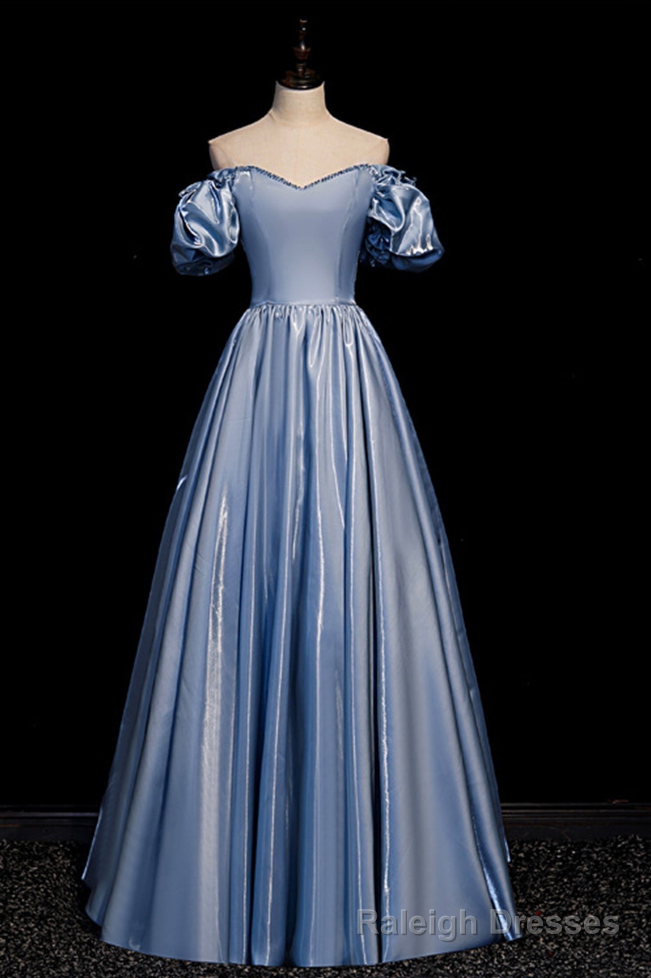 Cute Satin Long Prom Dresses, Blue Short Sleeve A Line Prom Dresses Main image