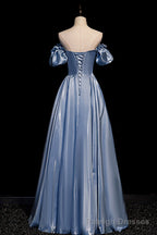Cute Satin Long Prom Dresses, Blue Short Sleeve A Line Prom Dresses