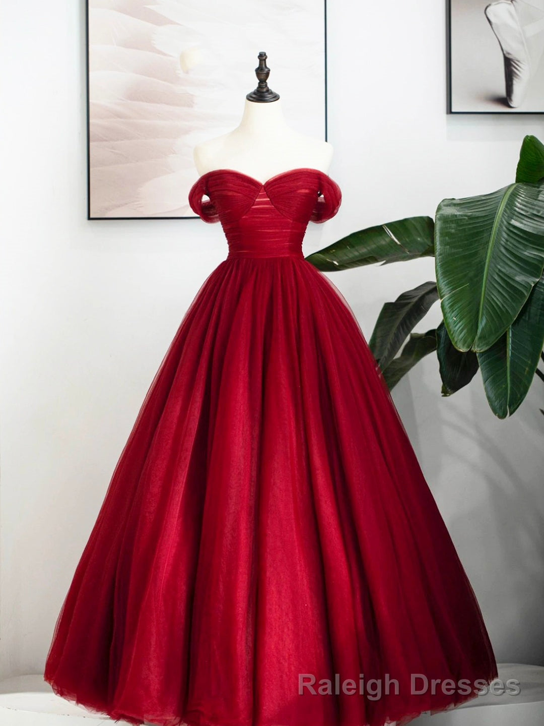 Burgundy Tulle Long Formal Dress, Off Shoulder Evening Dress Party Dress Main image