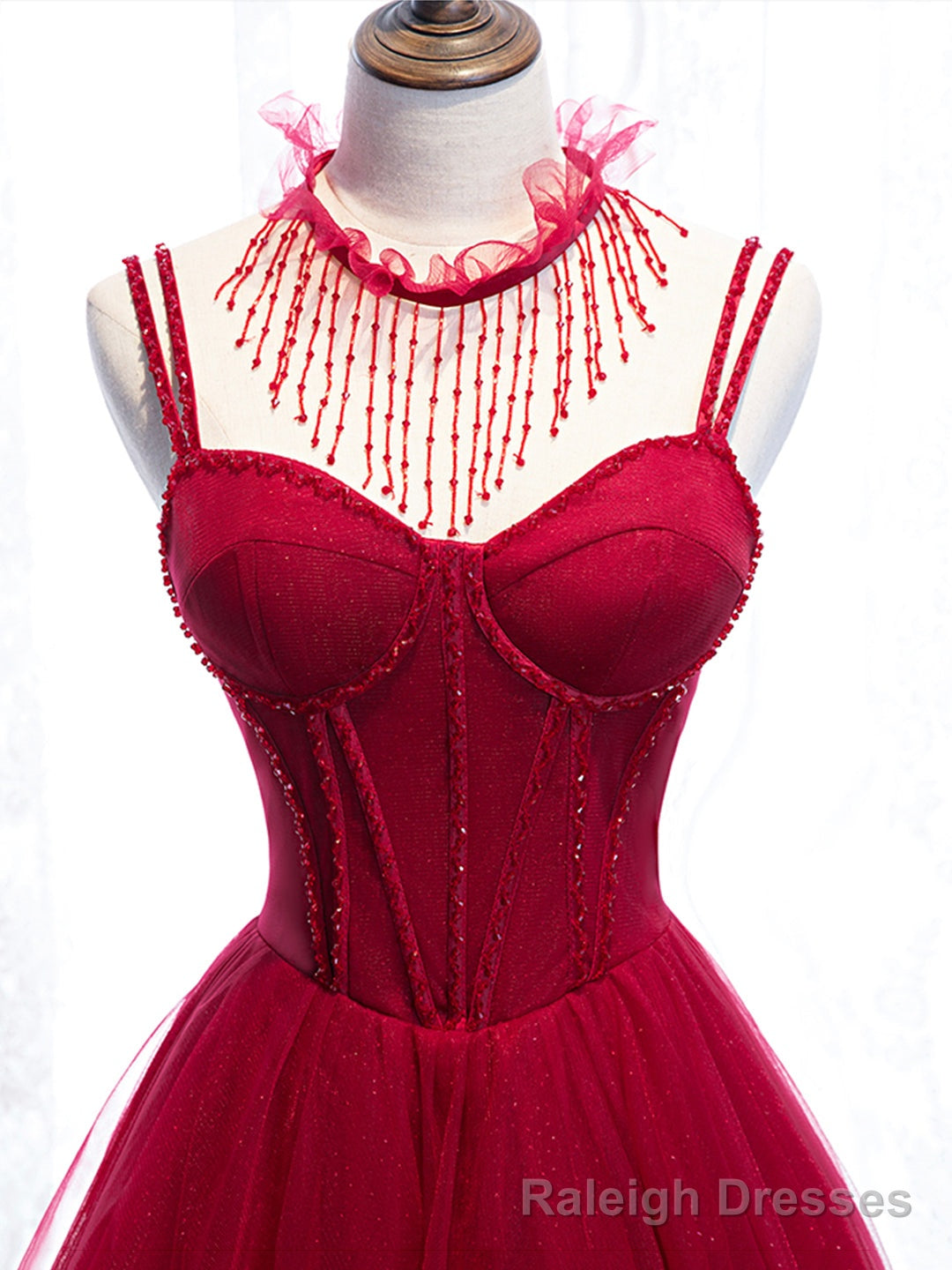 Red Spaghetti Strap Tulle Party Dress, Red Floor Length Prom Dress