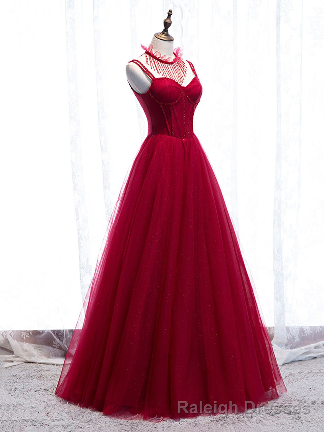 Red Spaghetti Strap Tulle Party Dress, Red Floor Length Prom Dress