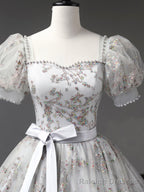 Gray Tulle Sequins Long Prom Dress, A-Line Short Sleeve Evening Dress