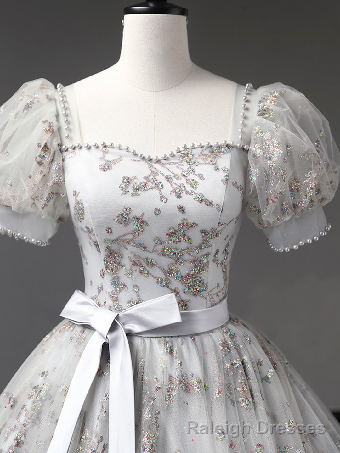 Gray Tulle Sequins Long Prom Dress, A-Line Short Sleeve Evening Dress