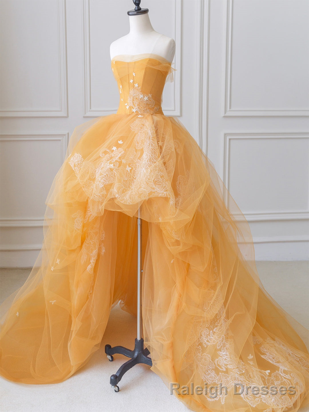 Orange Tulle Lace Long High Low Prom Dress, A-Line Strapless Evening Dress Main image