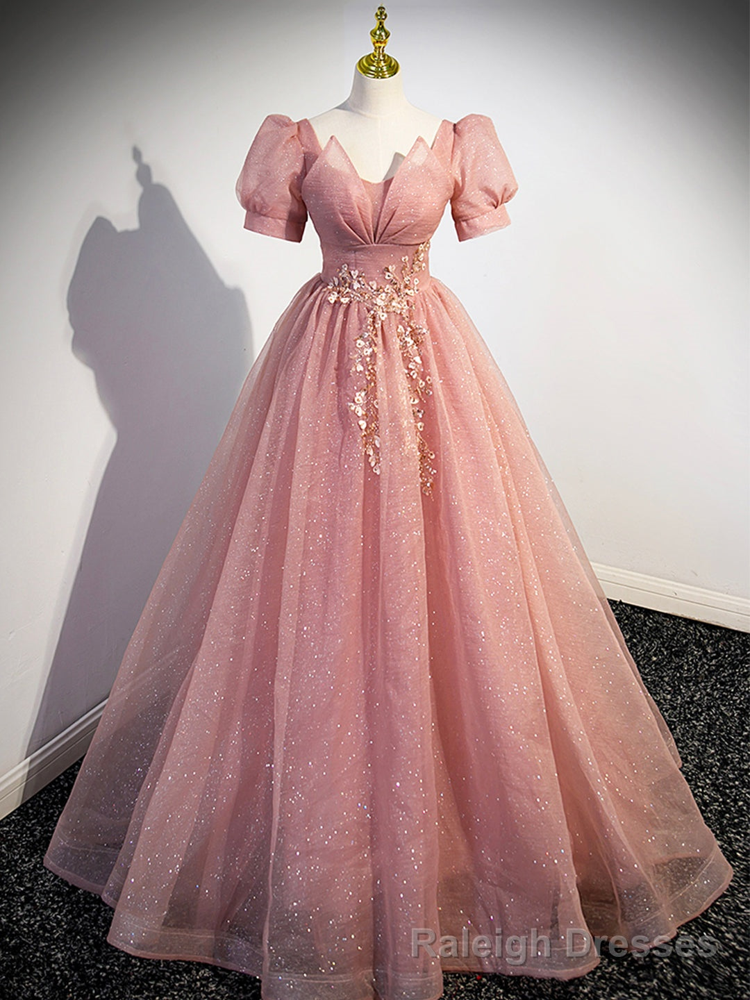 Pink Tulle Floor Length Prom Dress with Short Sleeve, Beautiful A-Line Evening Dress Main image