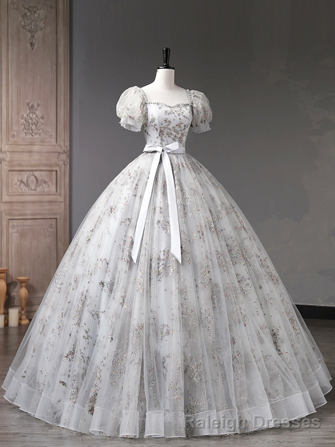 Gray Tulle Sequins Long Prom Dress, A Line Short Sleeve Prom Dress
