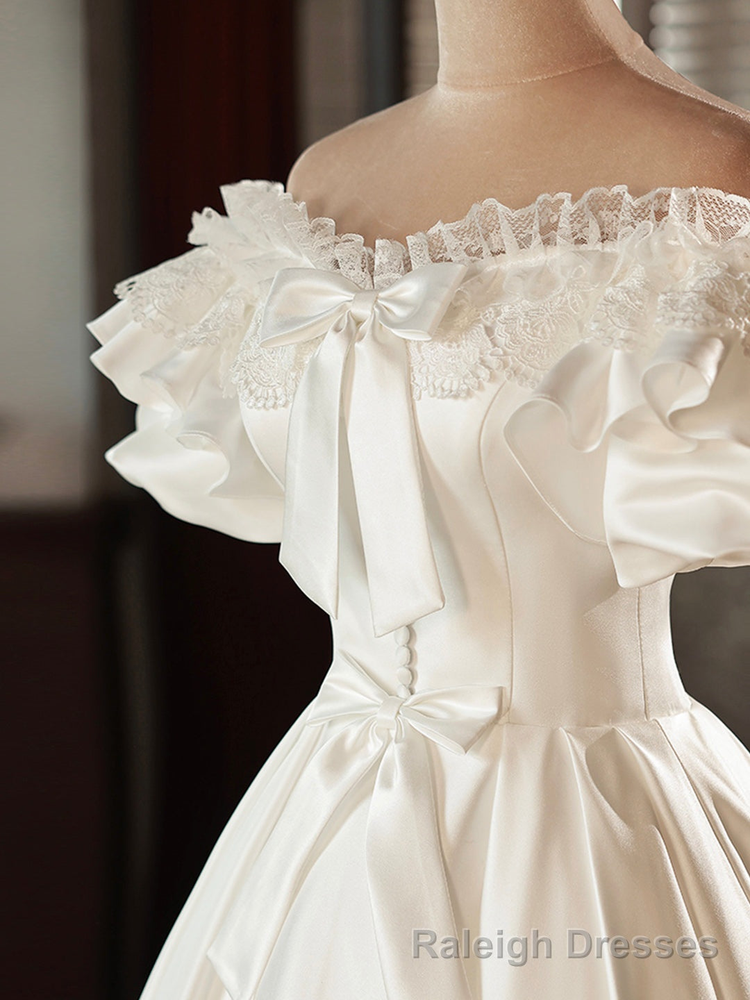 White Satin Lace Short Prom Dress, White Prom Dress, Wedding Dress