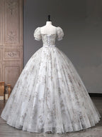 Gray Tulle Sequins Long Prom Dress, A Line Short Sleeve Prom Dress
