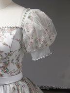 Gray Tulle Sequins Long Prom Dress, A-Line Short Sleeve Evening Dress