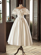 White Satin Lace Short Prom Dress, White Prom Dress, Wedding Dress