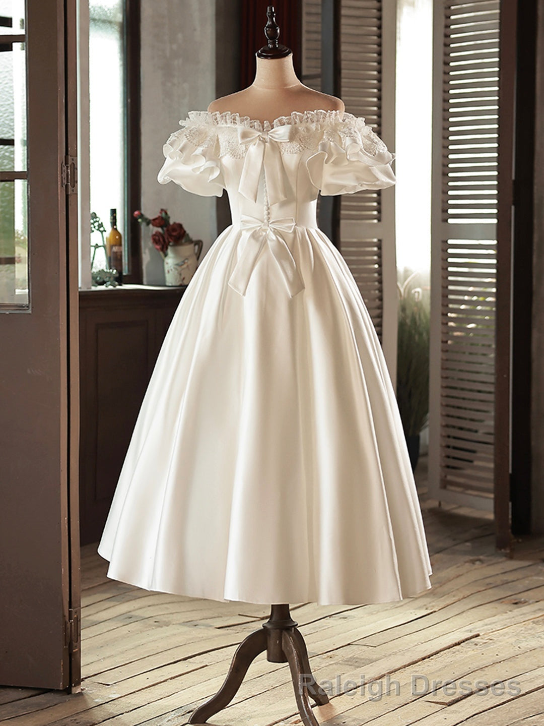 White Satin Lace Short Prom Dress, White Prom Dress, Wedding Dress