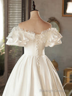 White Satin Lace Short Prom Dress, White Prom Dress, Wedding Dress