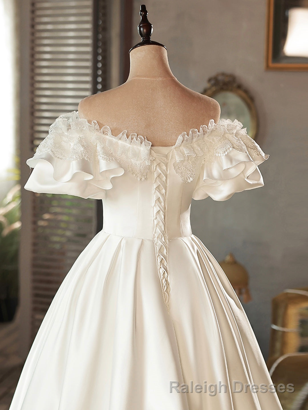 White Satin Lace Short Prom Dress, White Prom Dress, Wedding Dress