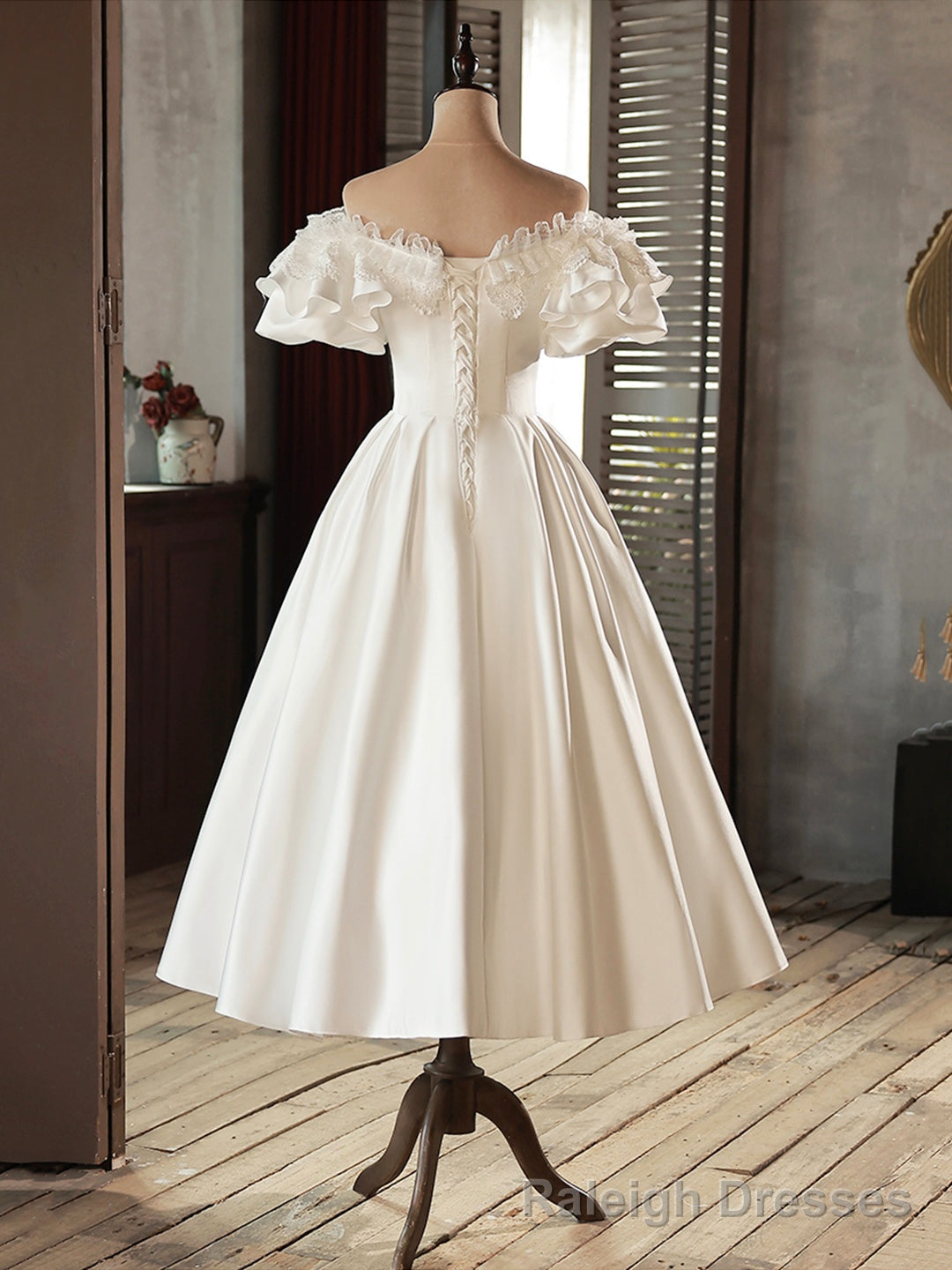 White Satin Lace Short Prom Dress, White Prom Dress, Wedding Dress Secondary image