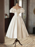 White Satin Lace Short Prom Dress, White Prom Dress, Wedding Dress