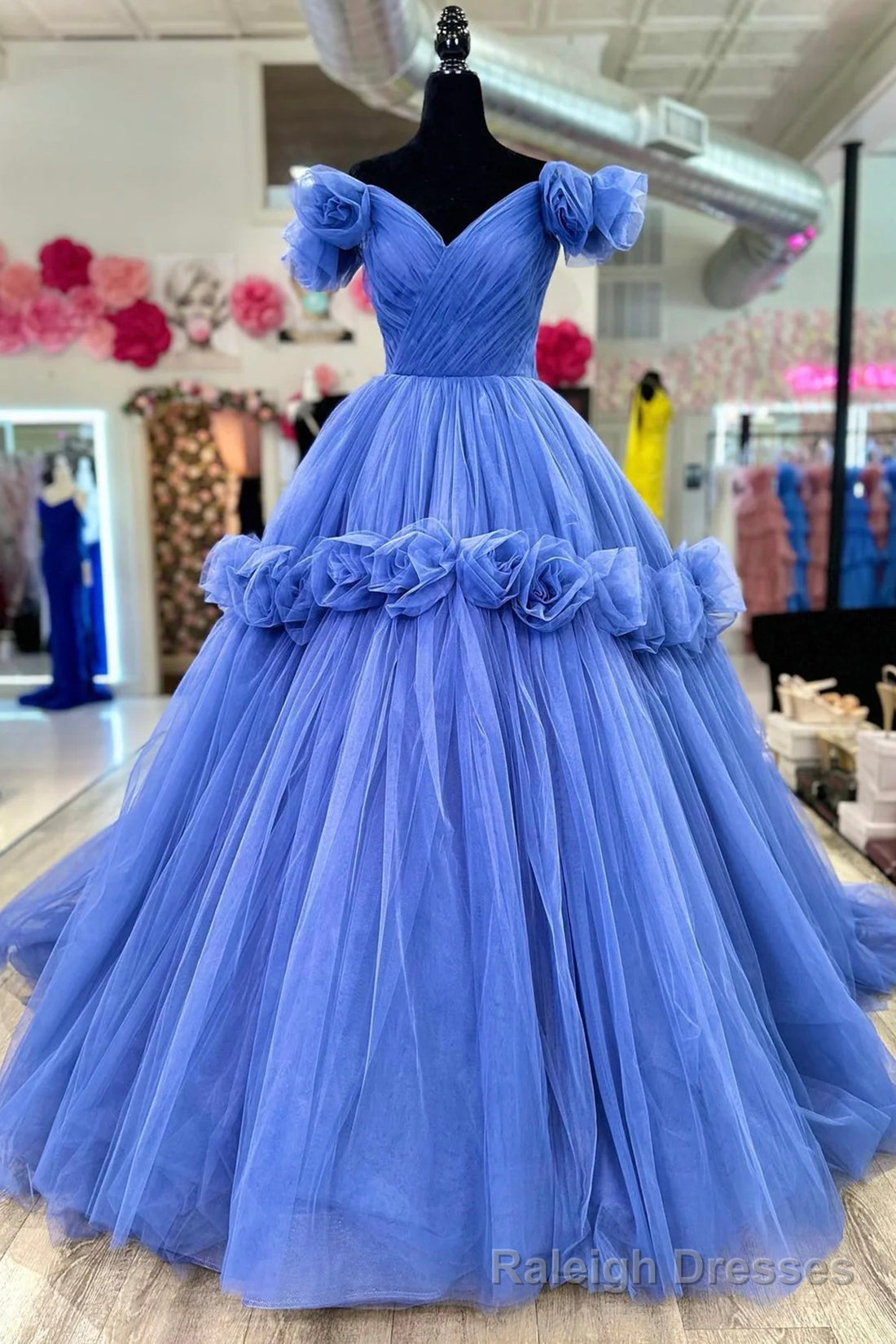 Blue V-neck Tulle Formal Dress with Flowers, Blue Floor Length Prom Dress Main image