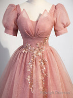 Pink Tulle Floor Length Prom Dress with Short Sleeve, Beautiful A-Line Evening Dress