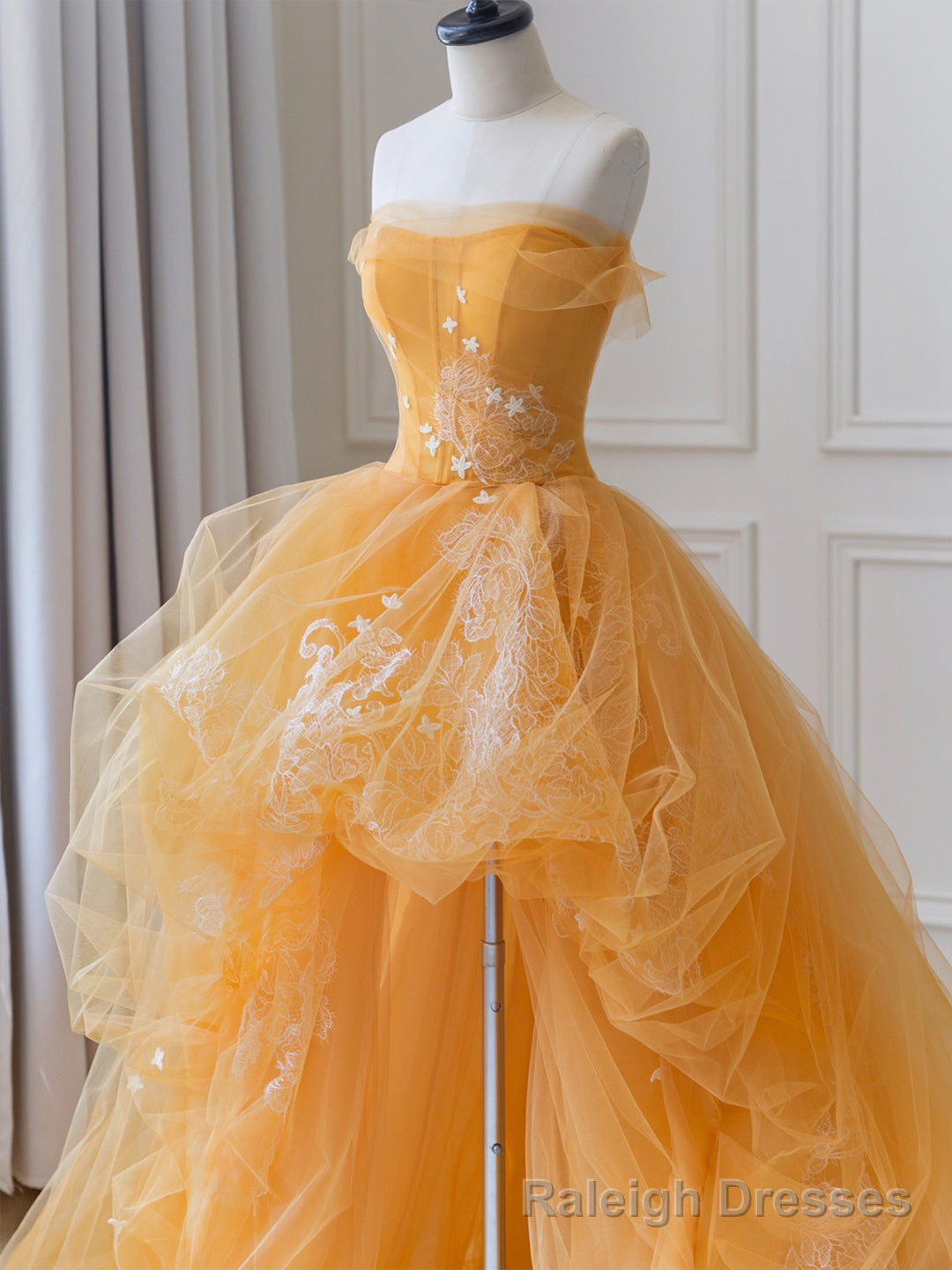 Orange Tulle Lace Long High Low Prom Dress, A-Line Strapless Evening Dress Secondary image