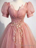 Pink Tulle Floor Length Prom Dress with Short Sleeve, Beautiful A Line Prom Dress