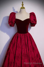 Burgundy Velvet Long A Line Prom Dress, Short Sleeve Prom Dress