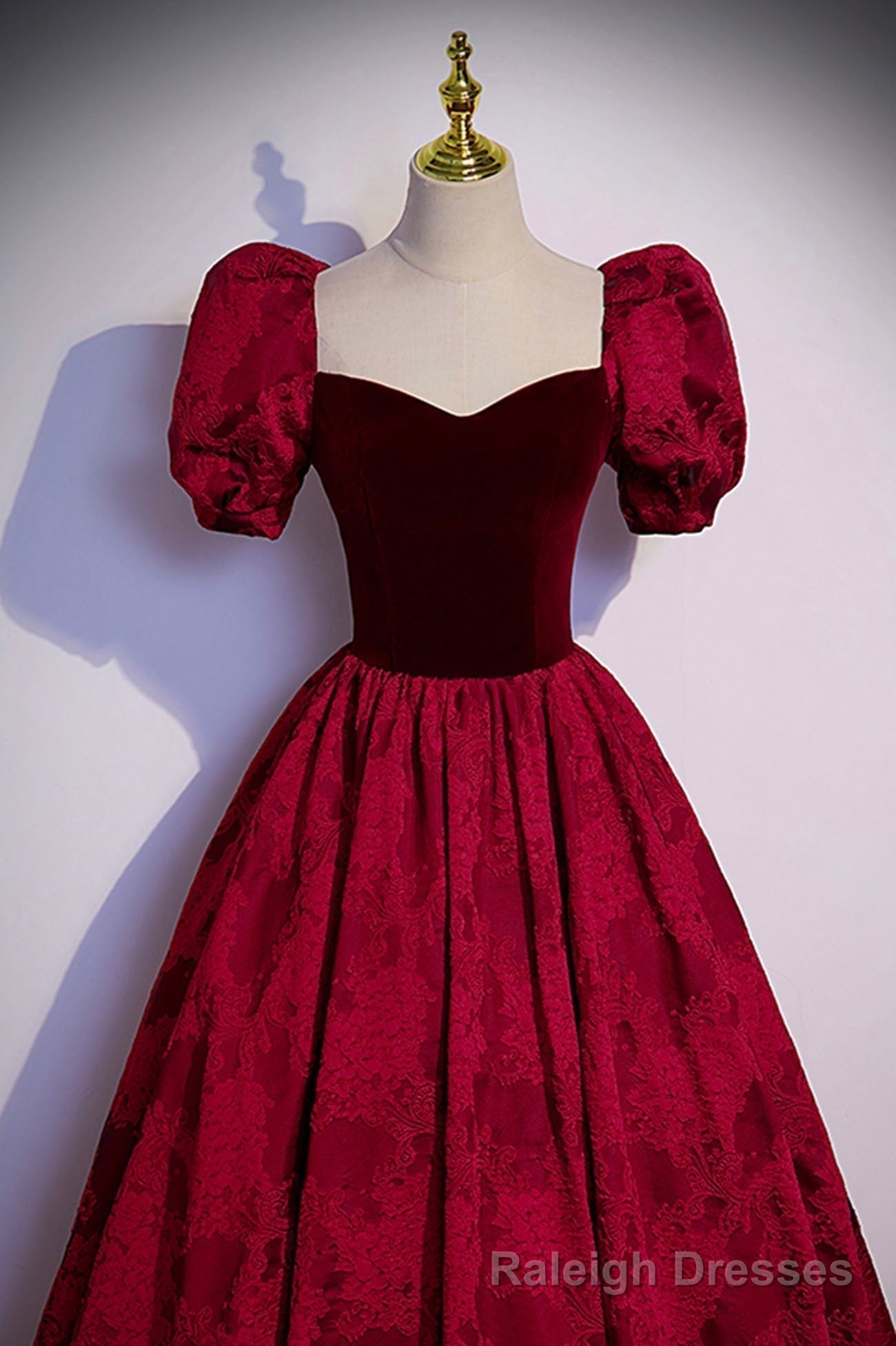 Burgundy Velvet Long A Line Prom Dress, Short Sleeve Prom Dress
