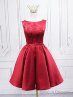 Burgundy Satin Lace Short Prom Dress, A Line Homecoming Dress