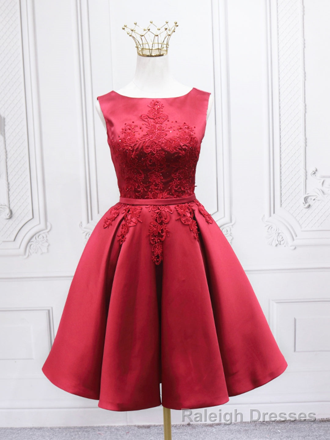 Burgundy Satin Lace Short Prom Dress, A Line Homecoming Dress