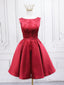 Burgundy Satin Lace Short Prom Dress, A Line Homecoming Dress