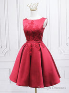Burgundy Satin Lace Short Prom Dress, A Line Homecoming Dress
