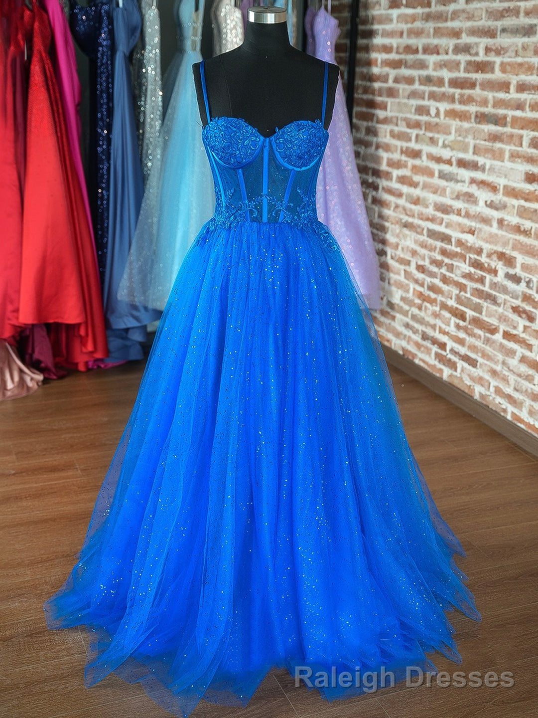 Blue Spaghetti Strap Tulle Formal Dress, Blue Evening Dress with Lace Main image