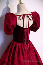 Burgundy Velvet Long A Line Prom Dress, Short Sleeve Prom Dress