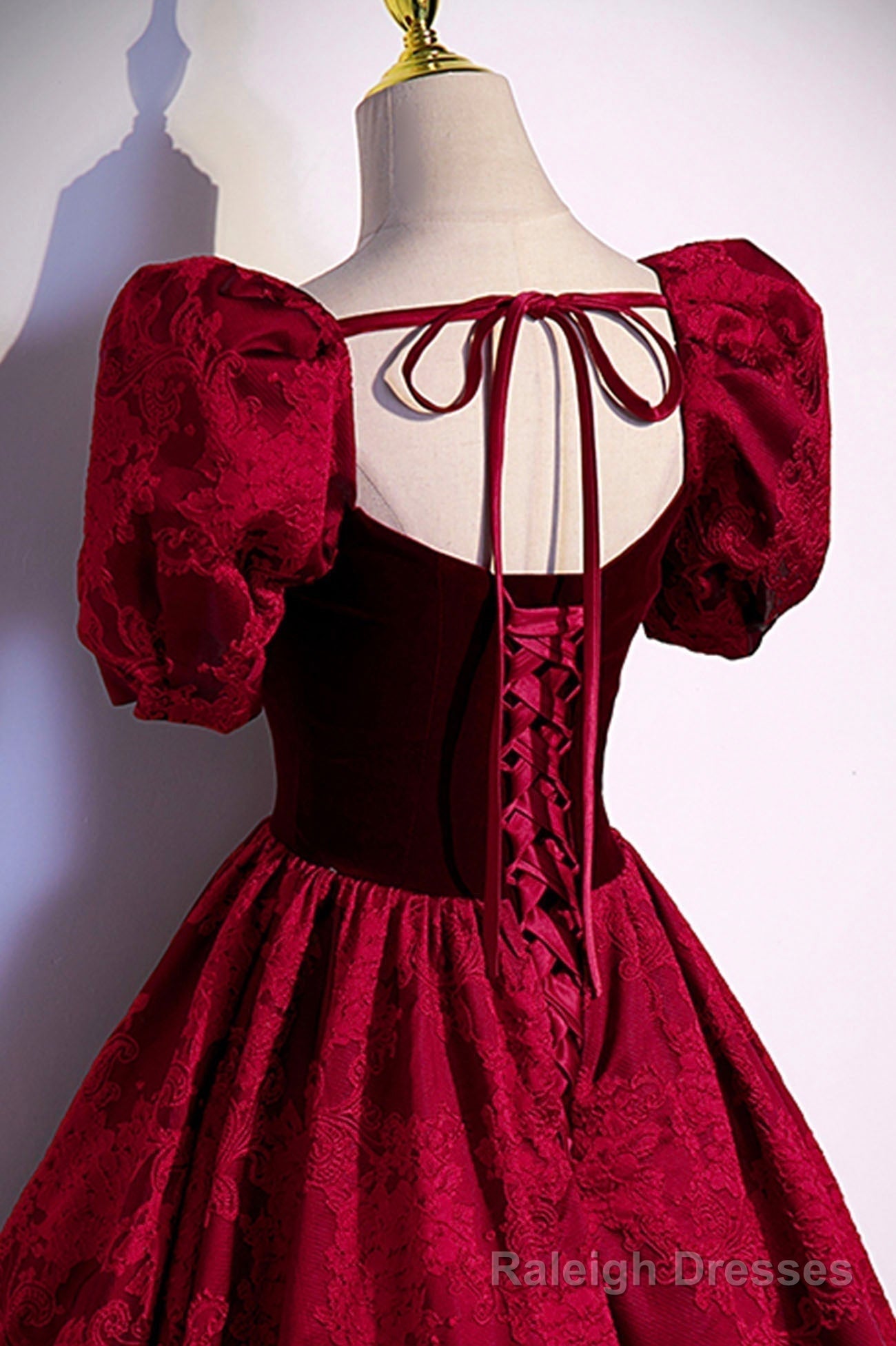 Burgundy Velvet Long A Line Prom Dress, Short Sleeve Prom Dress