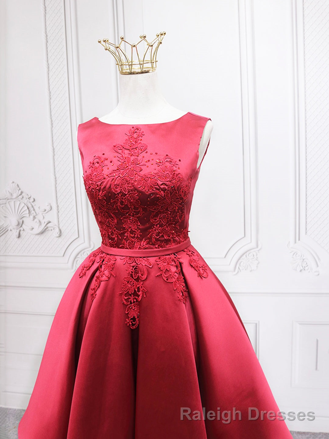 Burgundy Satin Lace Short Prom Dress, A Line Homecoming Dress Secondary image