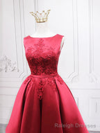 Burgundy Satin Lace Short Prom Dress, A Line Homecoming Dress