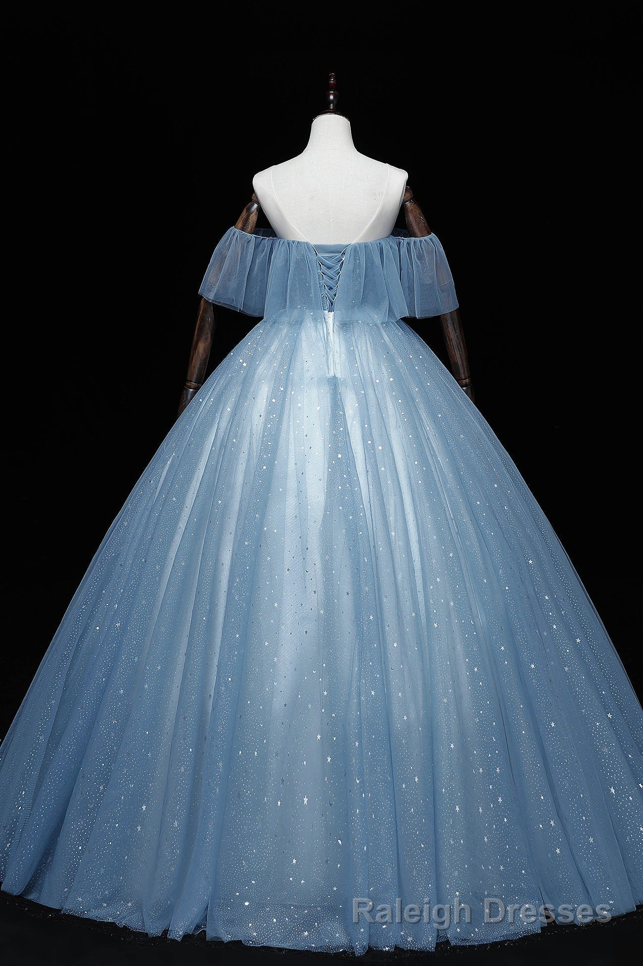 Blue Tulle Lace Long Prom Dresses, A-Line Off the Shoulder Evening Dresses