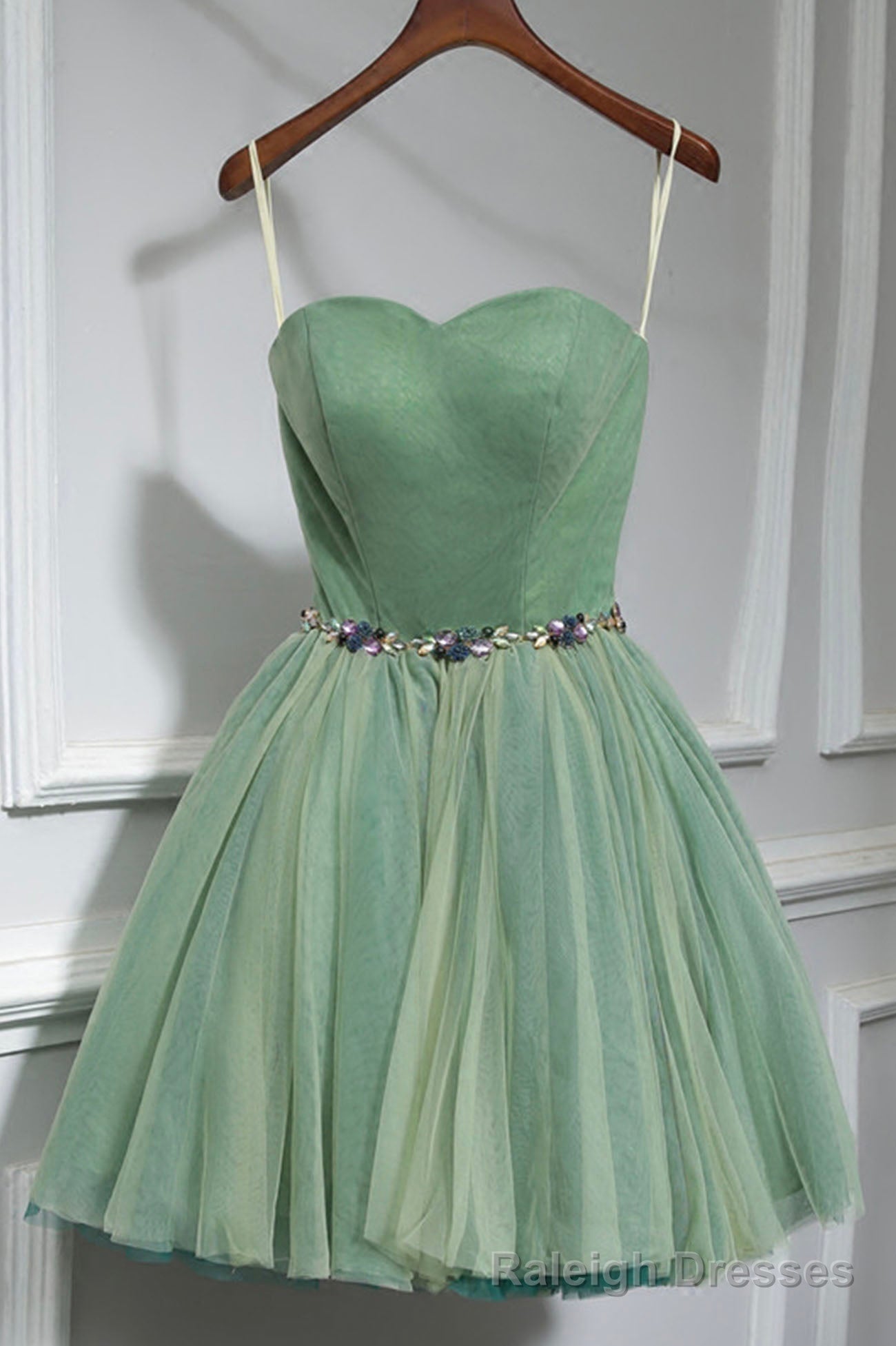 Green Strapless Tulle Short Prom Dress, A Line Prom Prom Dress