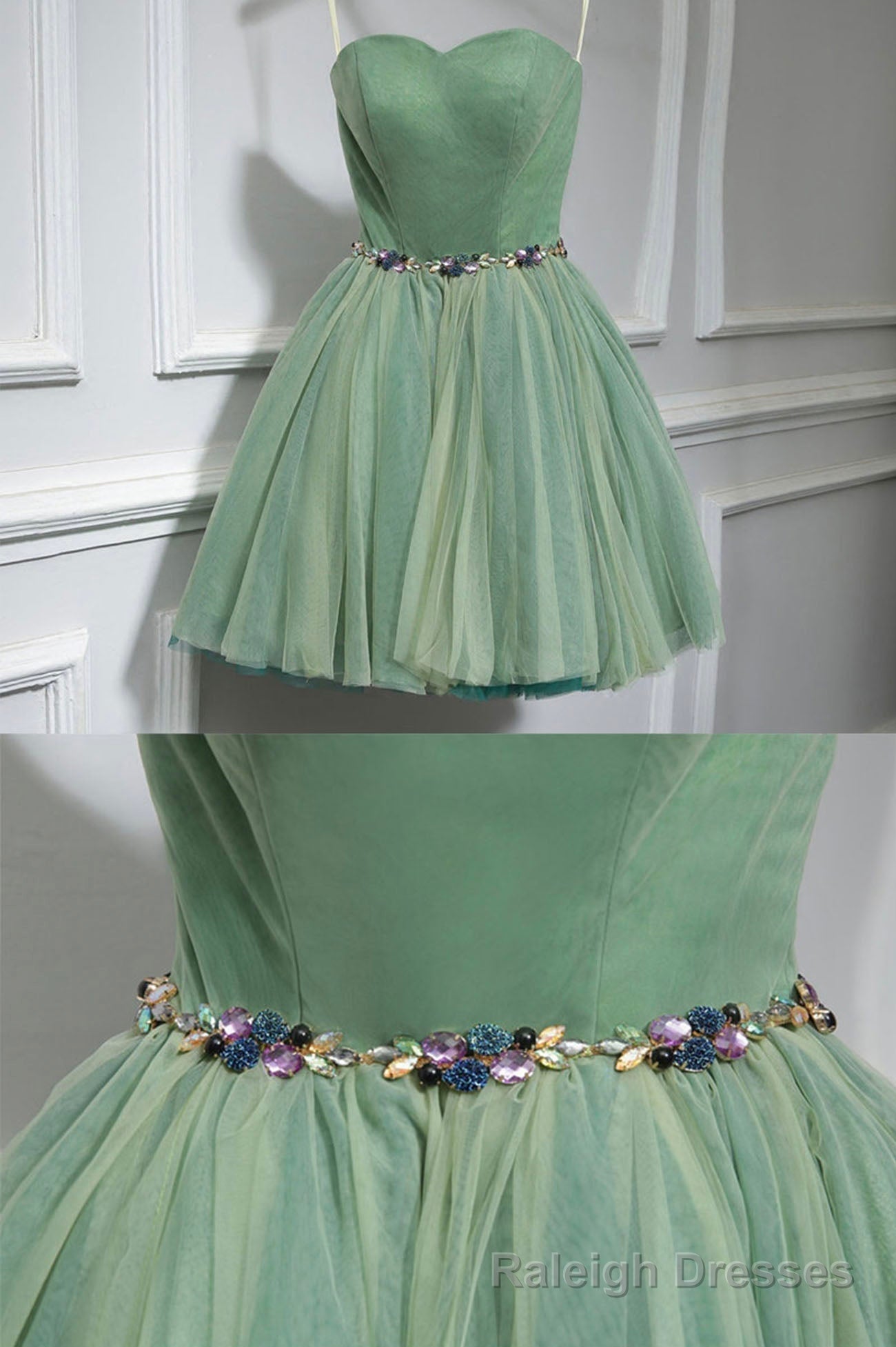Green Strapless Tulle Short Prom Dress, A-Line Evening Party Dress Main image