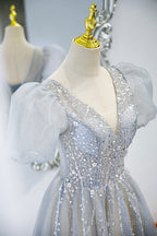 Gray Tulle Beading Long Prom Dresses, A Line Short Sleeve Formal Prom Dresses