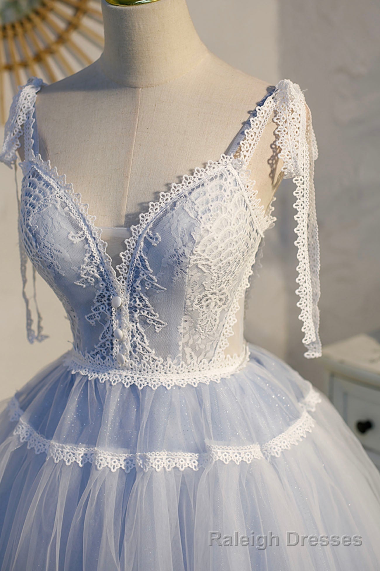 Blue Lace Short A Line Prom Dress, Cute Spaghetti Strap Prom Dress Secondary image